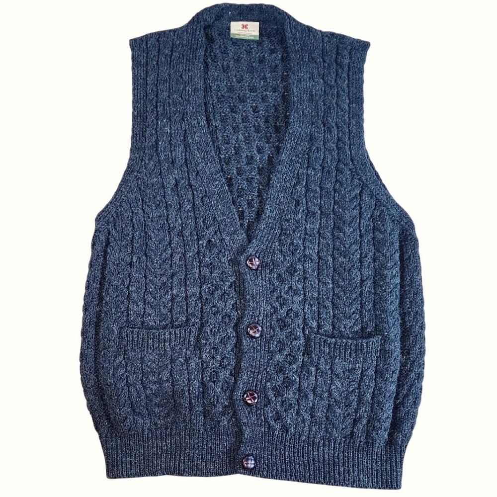 Carraig Donn Womens Wool Cable Knit Cardigan Vest Gray Size L Made in Ireland